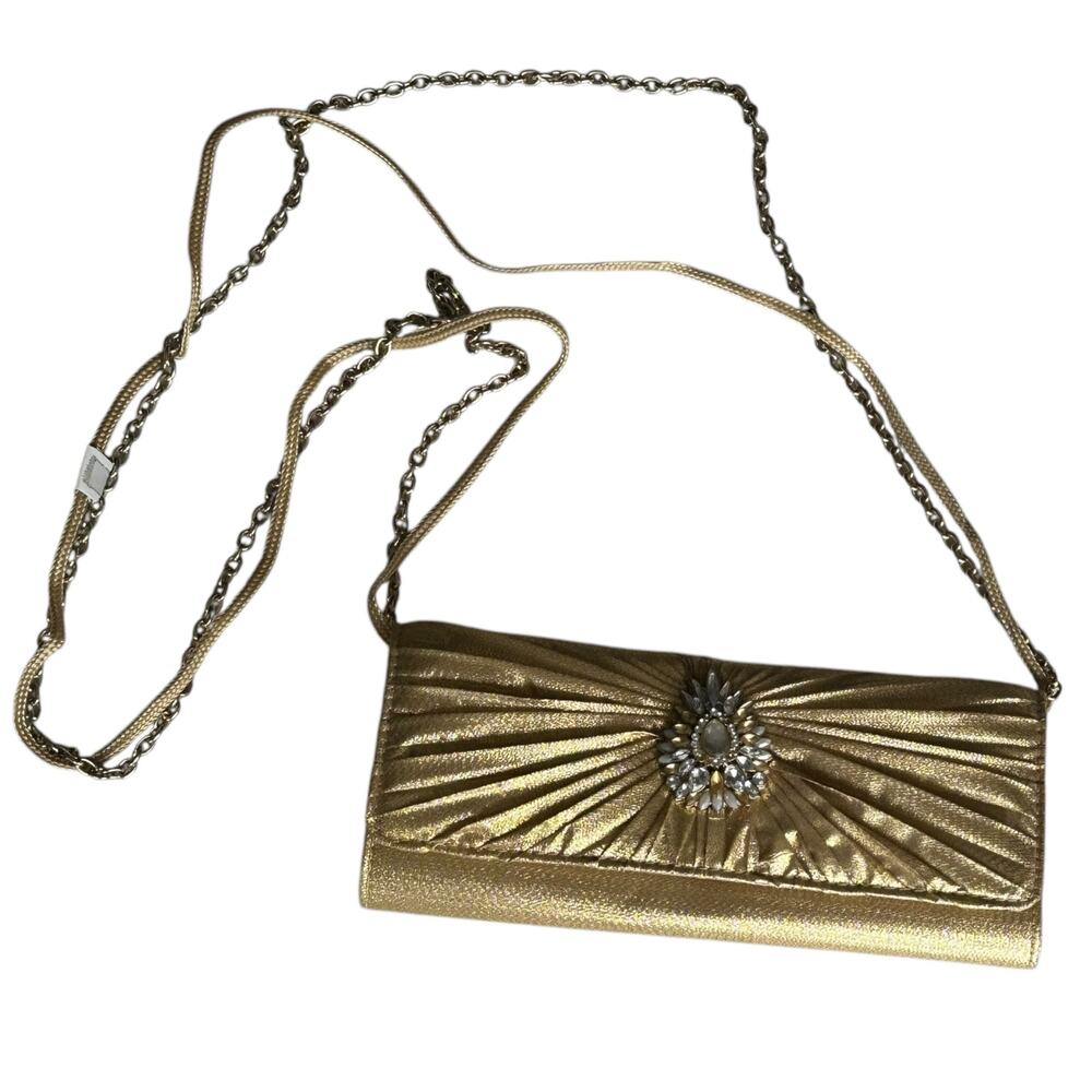 Kate Landry Evening Clutch Bag Metallic Gold Pleated Design Chain Strap